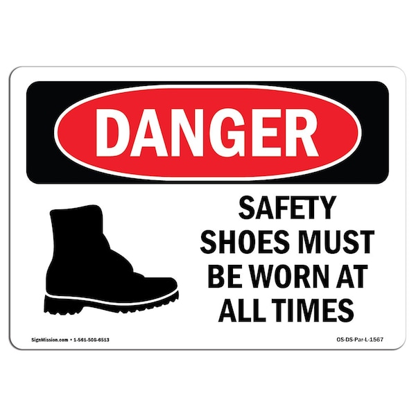 OSHA Danger, Shoes Must Worn All Times, 5in X 3.5in Decal, 10PK, 5" W, 3.5" H, Landscape, PK10